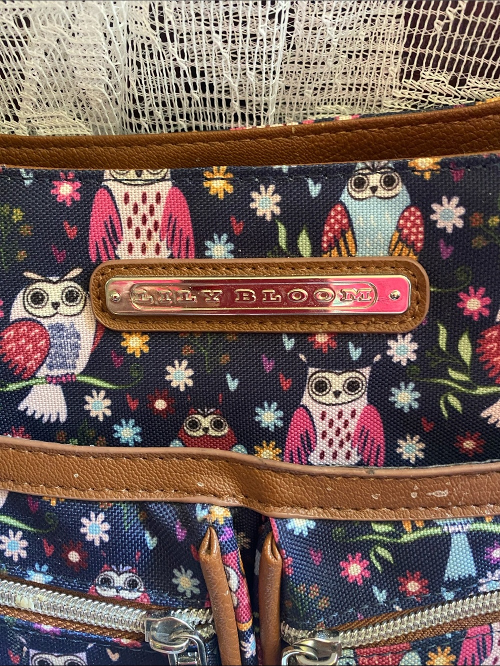 Lily Bloom Navy Owl Print Shoulder Bag with Brown Trim - Picture 2 of 6